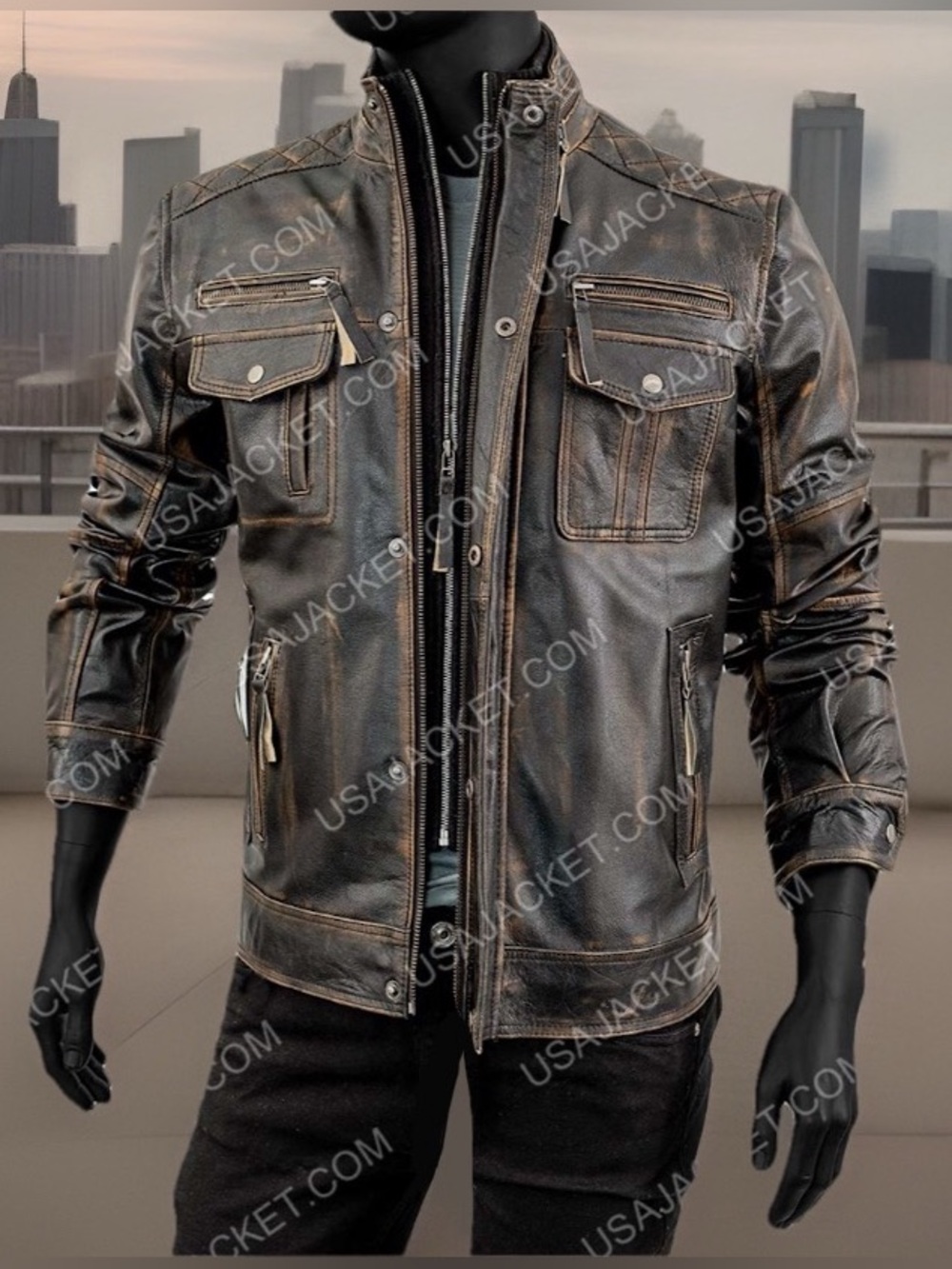 Black Rivet Distressed Black Brown Leather Moto Jacket Size S